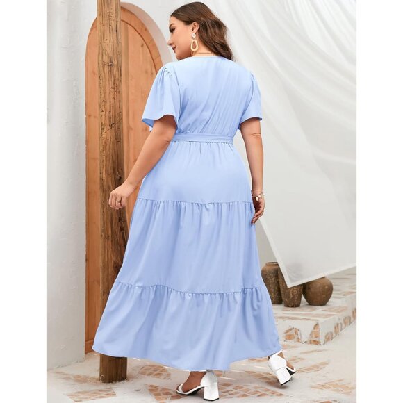 Plus Size V Neck Wrap Maxi Dress Short Sleeves High Waist Ruffle Belt - Picture 4 of 5